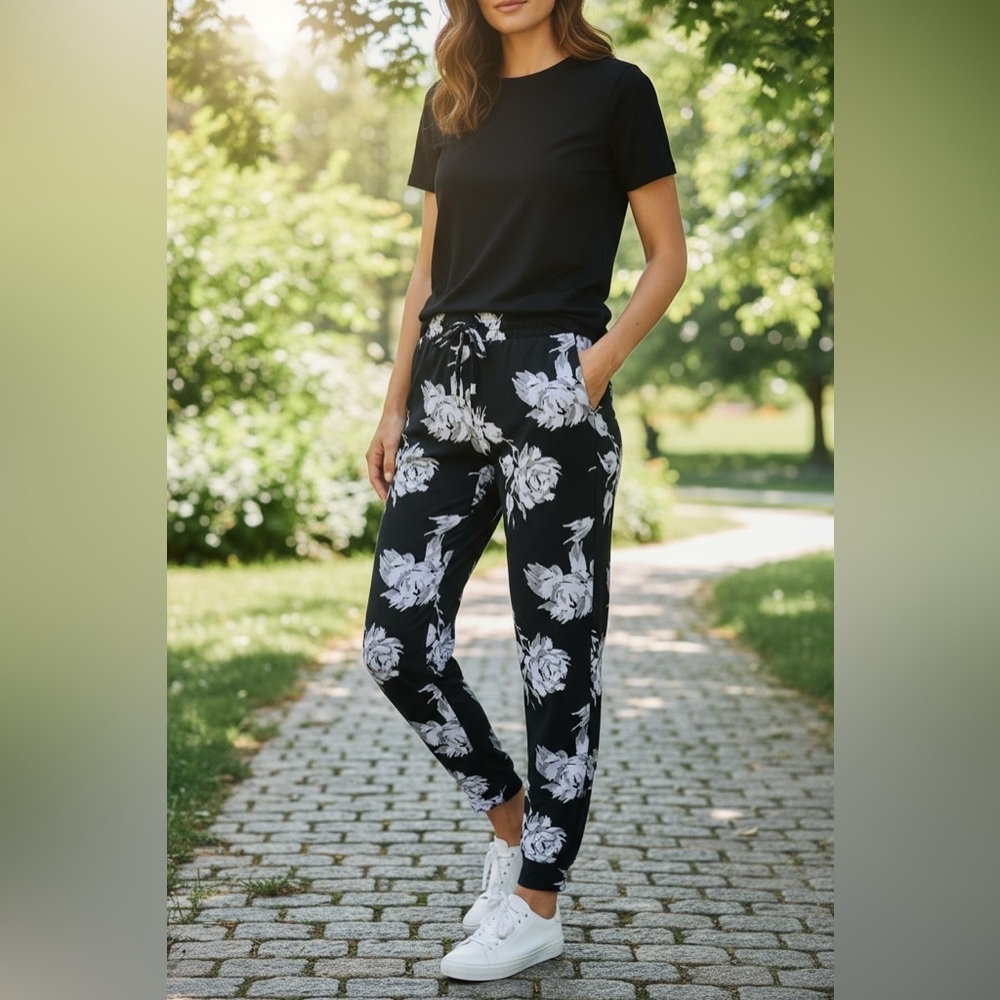 INC International Concepts Petite Black White Floral Jogger Pants PM Drawstring